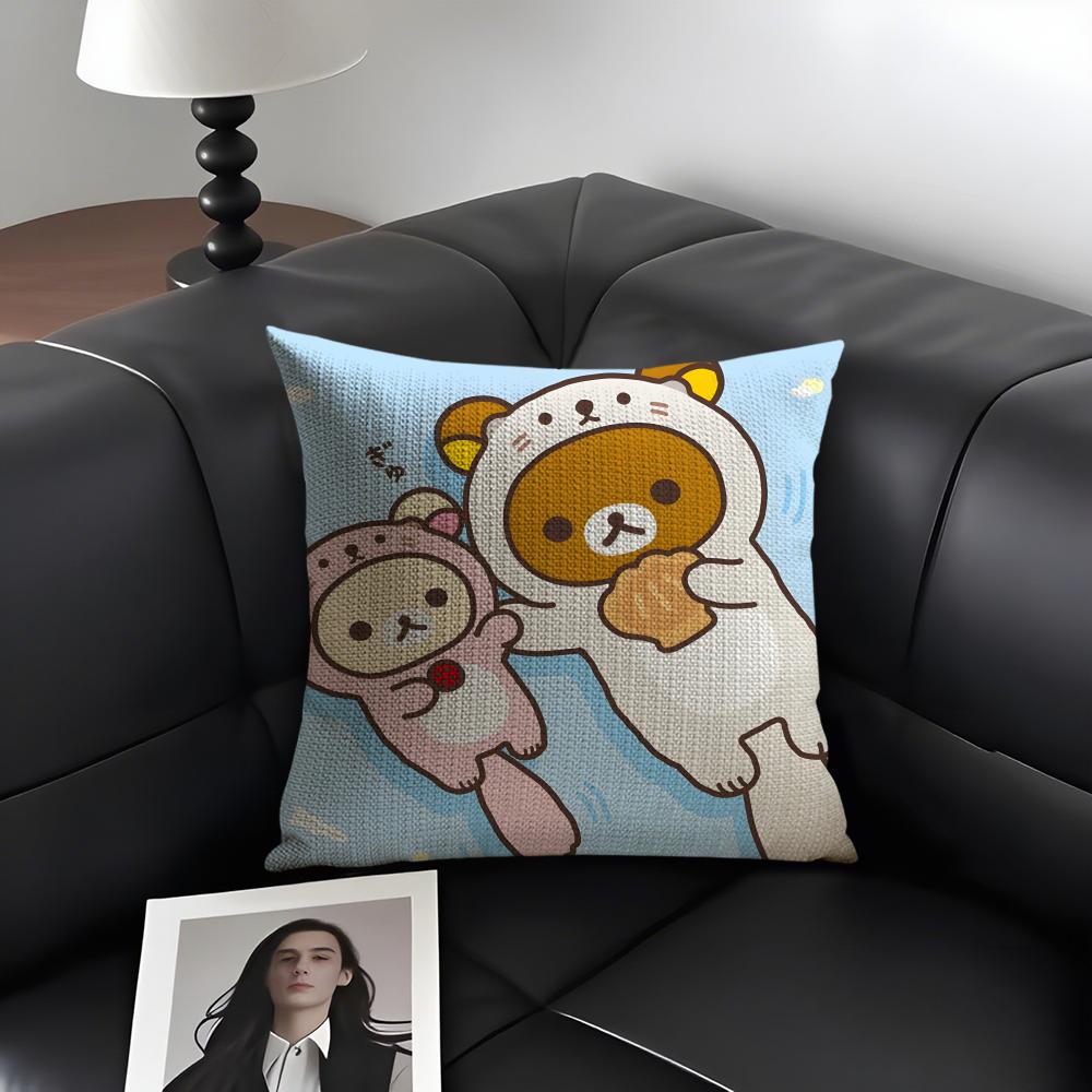 RRilakkuma Cartoon Cushion Cover Natural Linen Organic Fabric DoubleSided Printing Sofa Home Decor Gift Pillow Case
