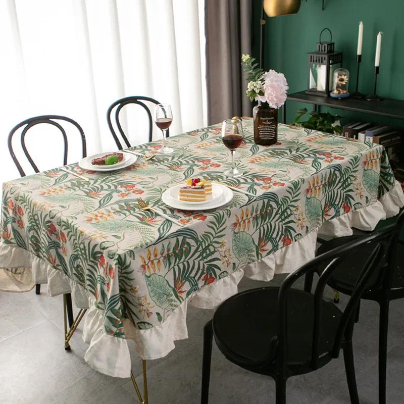 Green Plant Pattern Flounces Tablecloth Rectangular Round Cotton Linen Dustproof Tabletop Cover Restaurant Decorative Tablecloth