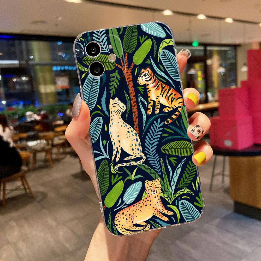 Tropical Jungle Print Leopard Sloth Clear Phone Case For iPhone 15 14 11 12 13 Pro Max Mini XS XR 8 7 Plus Back Cover Soft Cases