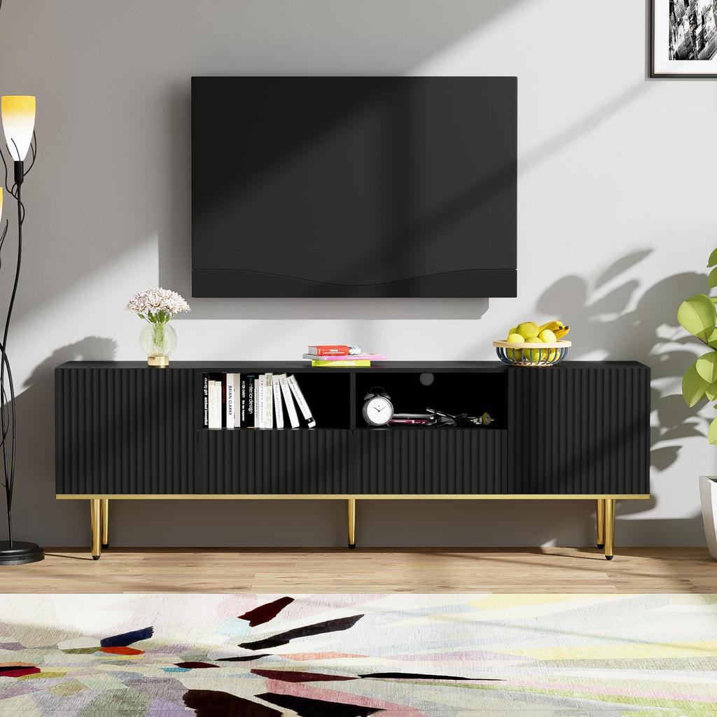 TV-Schrank, modernes TV-Möbel mit goldenen Beinen und Zierleisten, 2 Schubladen & 2 Fächer, elegantes Design