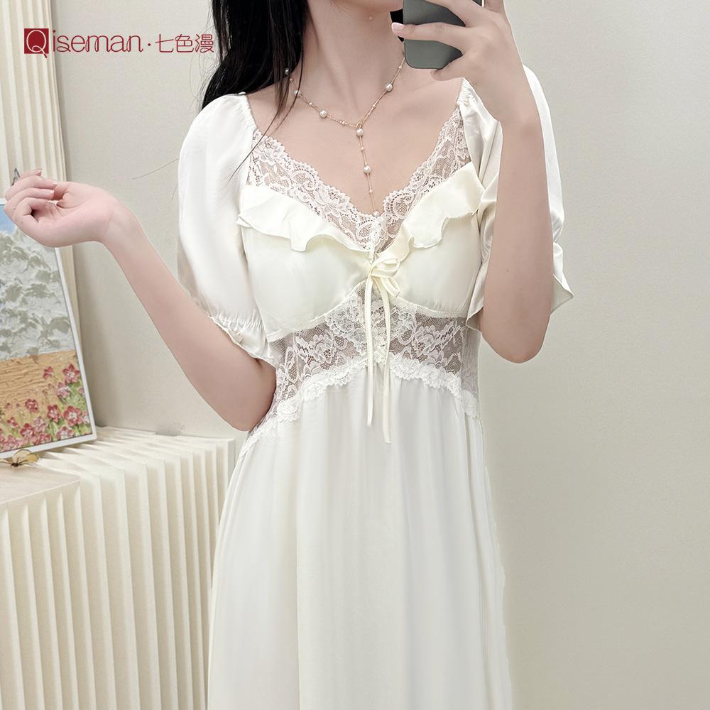 Skinny princess style short-sleeved nightdress women's summer long lace girlish pajamas ice silk satin thin loungewear summer