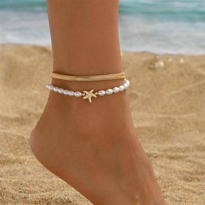 Schlangenknochen Fußkette Imitierte Perle Seestern Fußkettchen Für Damen Trendiges Goldfarbenes Knöchelarmband Strand Schmuck Sommer Accessoire