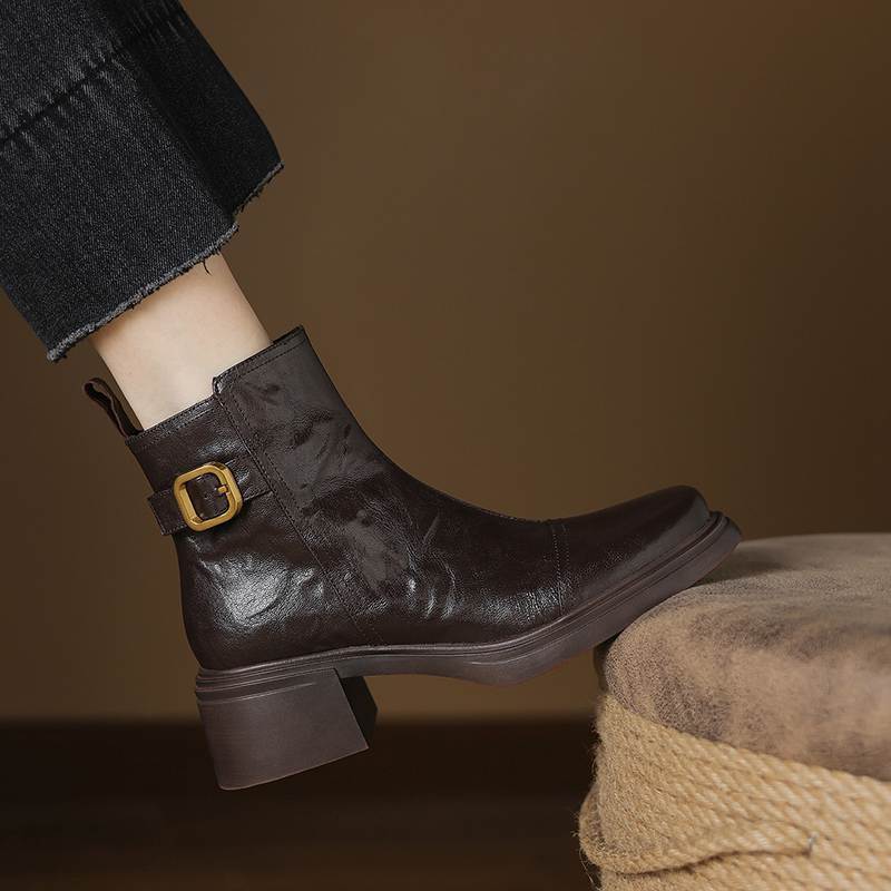 Krazing Pot Sheepskin Round Toe Thick Heels Chelsea Boots Size 42 High Quality Women Keep Warm Metal Buckle Ankle Boots