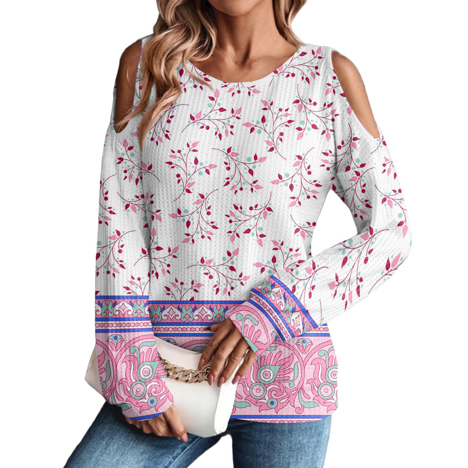 

Women s Winter Oversized T-Shirt Fashionable Off-the-Shoulder Round Neck Vintage Floral Print Pullover Long-Sleeved Top XL