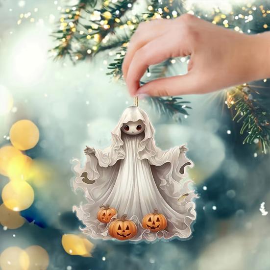 Halloweenský přívěsek na auto Duch 2D Plochý Duch s Dýní Akrylový Přívěsek na Zpětné Zrcátko do Auta pro Závěsné Doplňky do Interiéru Auta