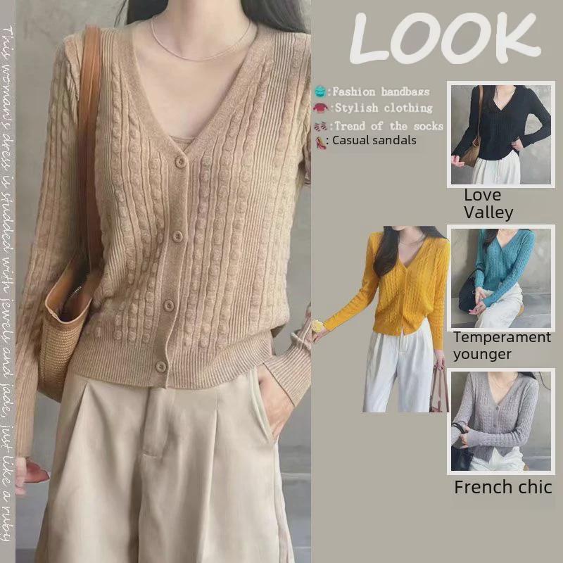 Dámský pletený kardigan s výstřihem do V na podzim a zimu 2023 - S dlouhým rukávem, volného střihu, krátká svetr-bunda