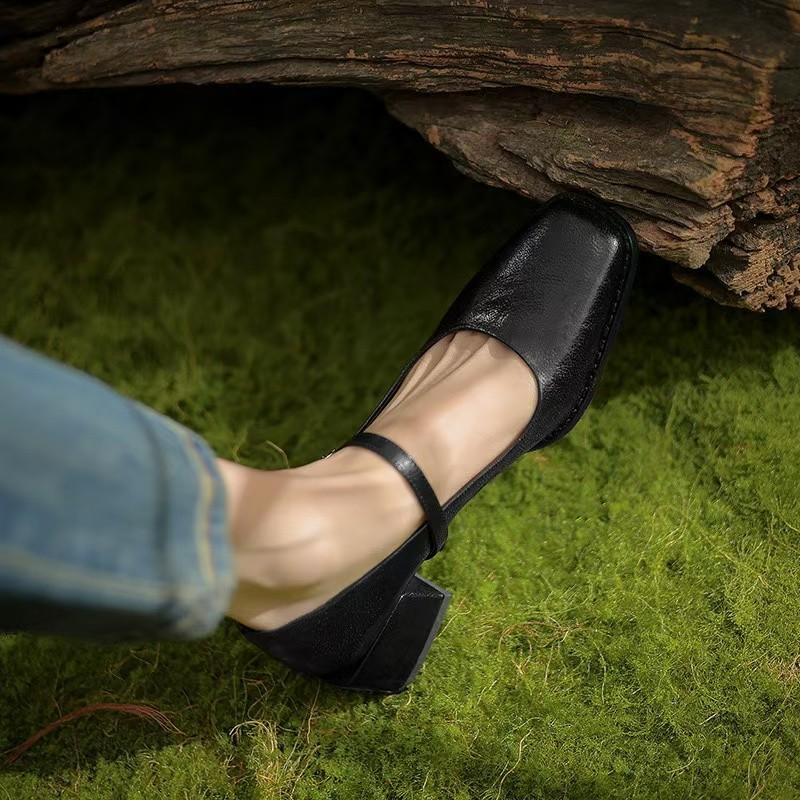 Women's Coarse Heel Shoes Autumn New Square Head Shallow Mouth Soft Sole Anti-slip Wear-resistant Low-top Shoes