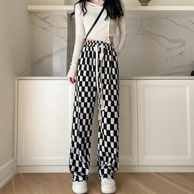Checkerboard Plaid Pants for Women In Spring and Summer Slim Casual Straight Pants Loose Black and White Plaid Draped Wide-leg Pants