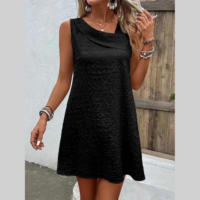 

Однотонное платье без рукавов для женщин, тонкое платье трапециевидной формы с неравномерным вырезом, повседневное модное свободное короткое платье, летнее дышащее легкое удобное платье 2XL чёрный
