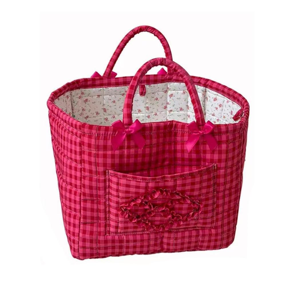 Handheld Red Plaid Storage Basket Large Capacity Clothes Toys Storage Basket Car