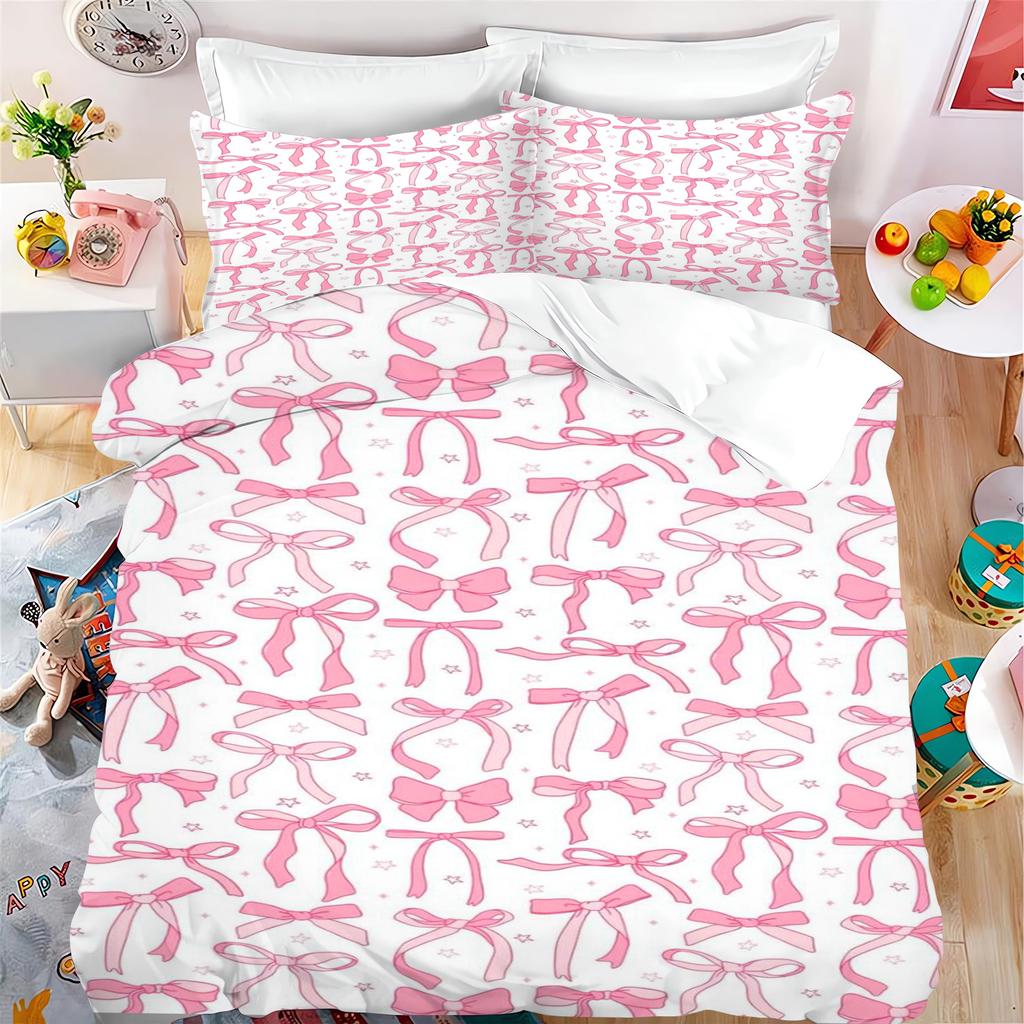 Lovely Bow Carton Anime Soft Duvet Cover Set Kawai Holiday Gifts Comfortable Quilt Covers Pilowcase Set Children Kids Beding Set Decor Quen King-Sized