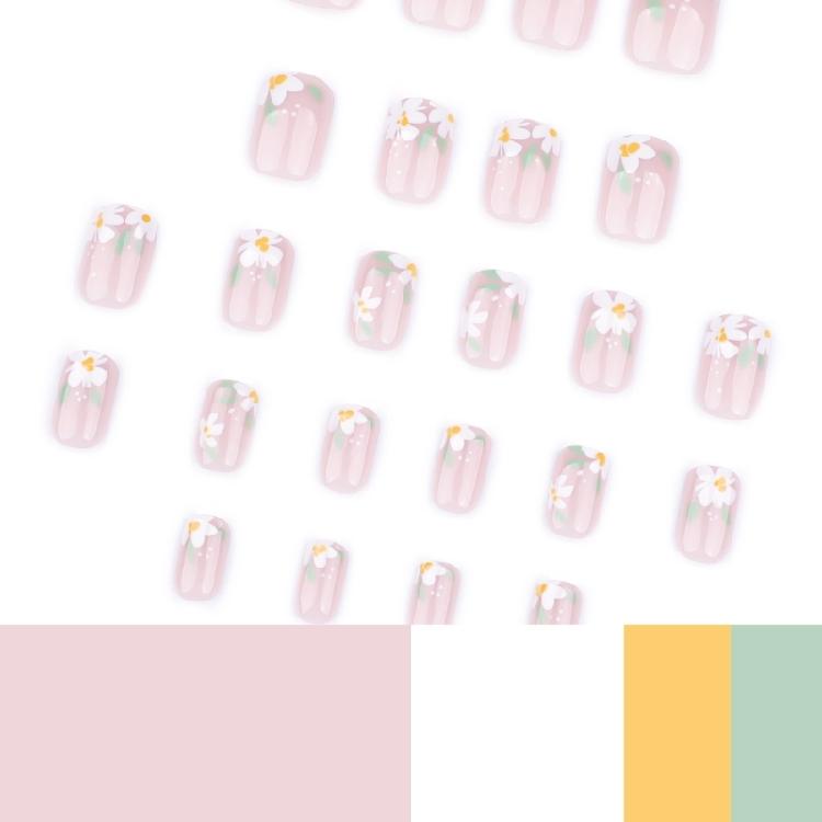24 Pcs Short Square Press On Nail Flowers False Nail Sweet Acrylic Nail Glossy Full Cover Stick On Nail for Woman