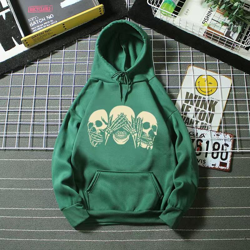 

Женские модные худи с принтом черепа Осень Зима Длинные рукава Плюс бархат Повседневный свободный свитшот Хип-хоп Флисовые топы Оверсайз XXXL