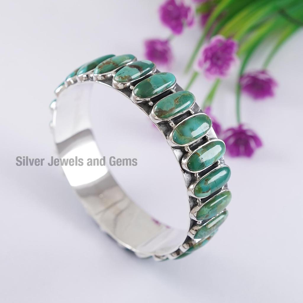 Natural Turquoise Bangle, Long Oval Gemstone Bangle, 925 Sterling Silver Multi Stone Bangle, Engagement Bangle , Kingman Turquoise Bangle