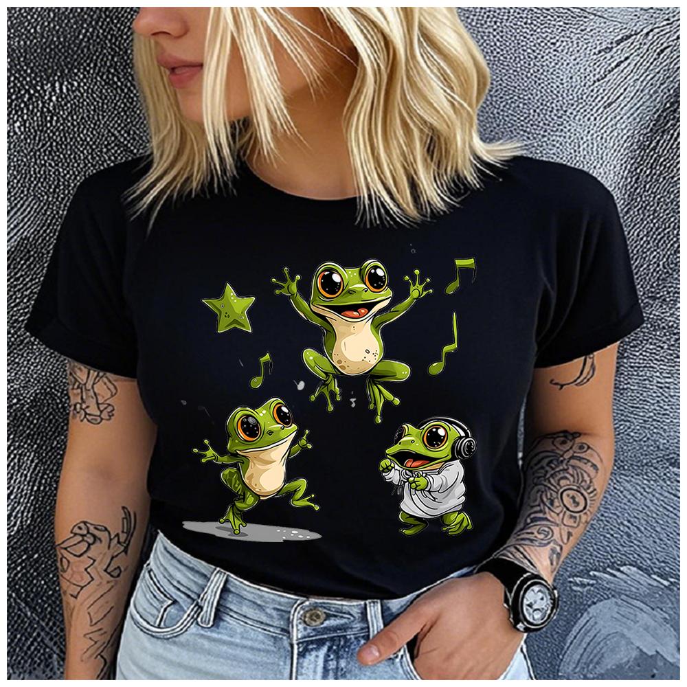 Unisex Polyester 100% Happy Jumping Big Eyes Frog Print T-Shirt Loose Round Neck Casual Short Sleeve Fashion Top for Summer
