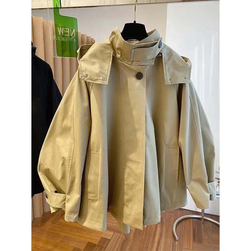 American Vintage Long Sleeve Hooded Trench Women Casual Wide-Waisted Zipper Utility Style Coat Button Patchwork 2025 Autumn