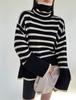 Women's High Neck Knitted Sweater - Retro Striped Design, Loose Fit, Autumn/Winter 2023, Korean Style.