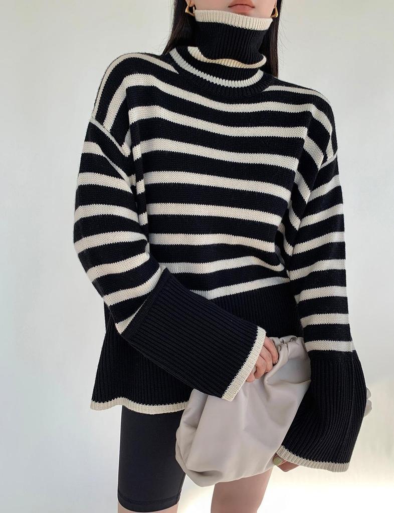 Women's High Neck Knitted Sweater - Retro Striped Design, Loose Fit, Autumn/Winter 2023, Korean Style.