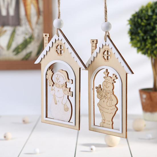Reusable Festive Home Decor Wooden Christmas House Snowman/Reindeer Hanging Ornament, DIY Xmas Pendant with Nordic Style Tree Pendants Hemp