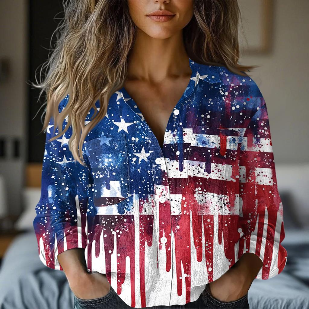 Women's Fashion Button Lapel Pocket Casual Shirt Independence Day Long Sleeve Top