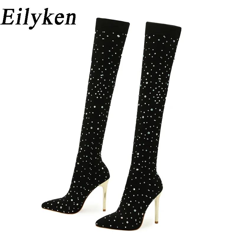 Eilyken Sexy Runway Crystal Stretch Fabric Sock Over the Knee Boot Thigh Stiletto High Pointed Toe Woman Shoes Size35 43 43 5970₽