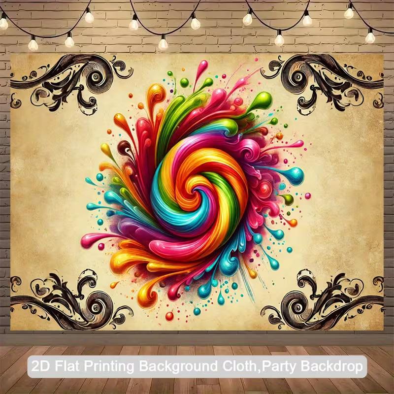 2D Rainbow Swirl Tapestry, Abstract Paint Splash with Ornate Black Corners 47.2x31.5inch/120*80cm