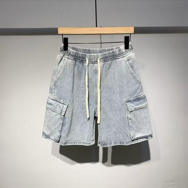 Men's Japanese Workwear Elastic Waist Denim Shorts - Casual, Loose, Mid-length (Summer 2024)