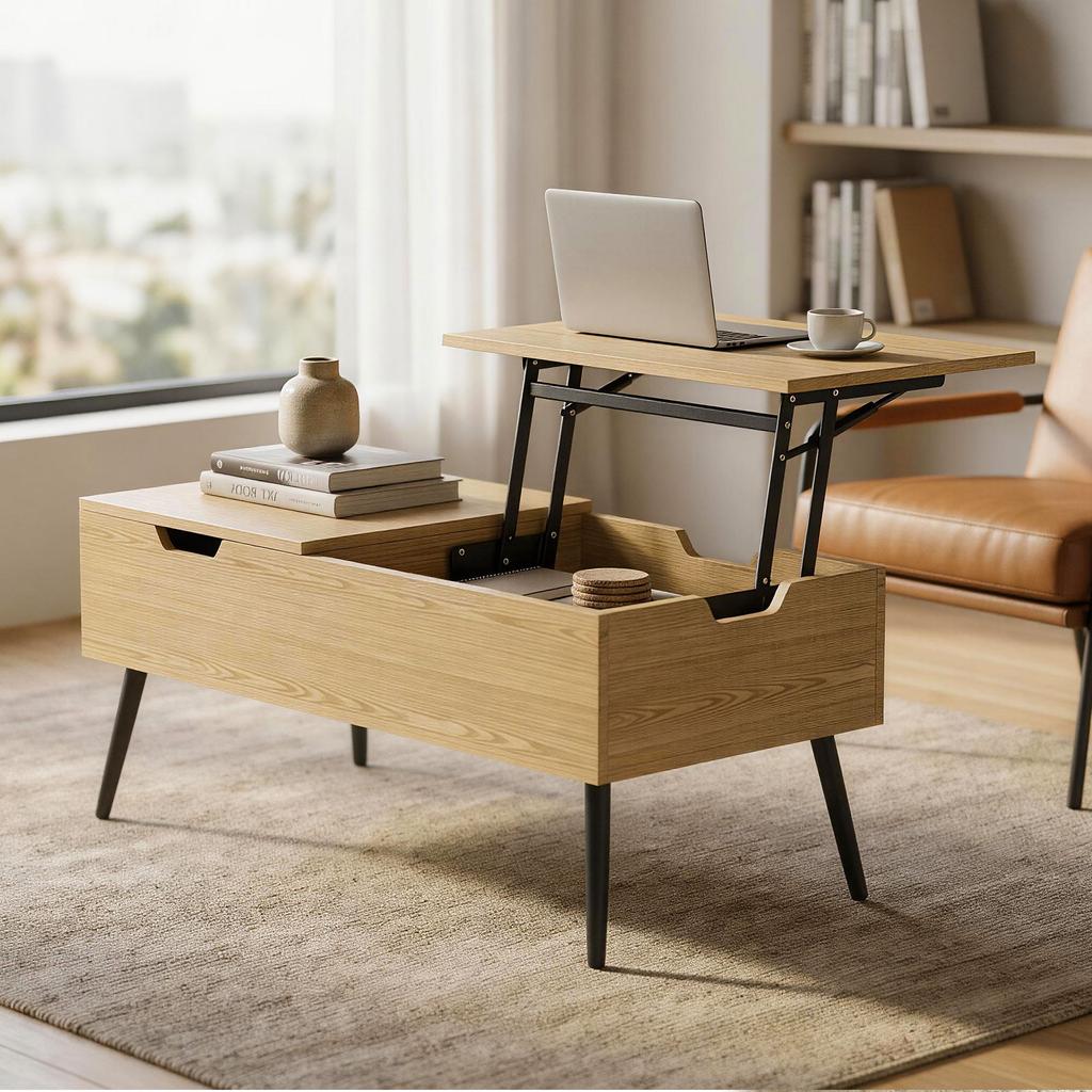 Lift-Top Coffee Table, Double Top, Hidden Compartment, Metal Legs, Natural Wood