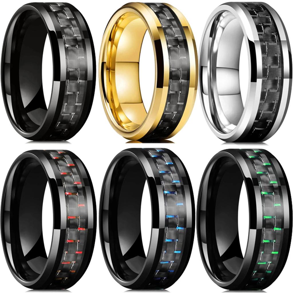 Mode 8mm Herren Edelstahlringe Eingelegte Schwarze Blaue Rote Kohlefaserringe Für Männer Hochzeit Verlobung Party Schmuck Geschenke
