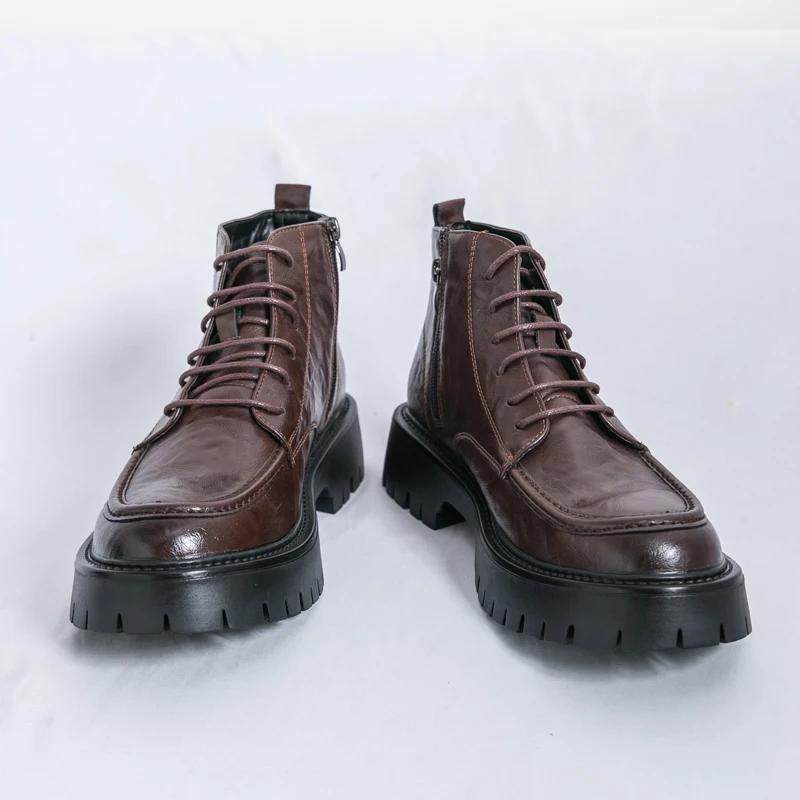 Moda Moda Zapatos Casuales de Cuero Genuino para Hombre Zapatos Clásicos para el Aire Libre y el Trabajo Botas de Motocicleta para Hombre Guapos Aumento de Altura
