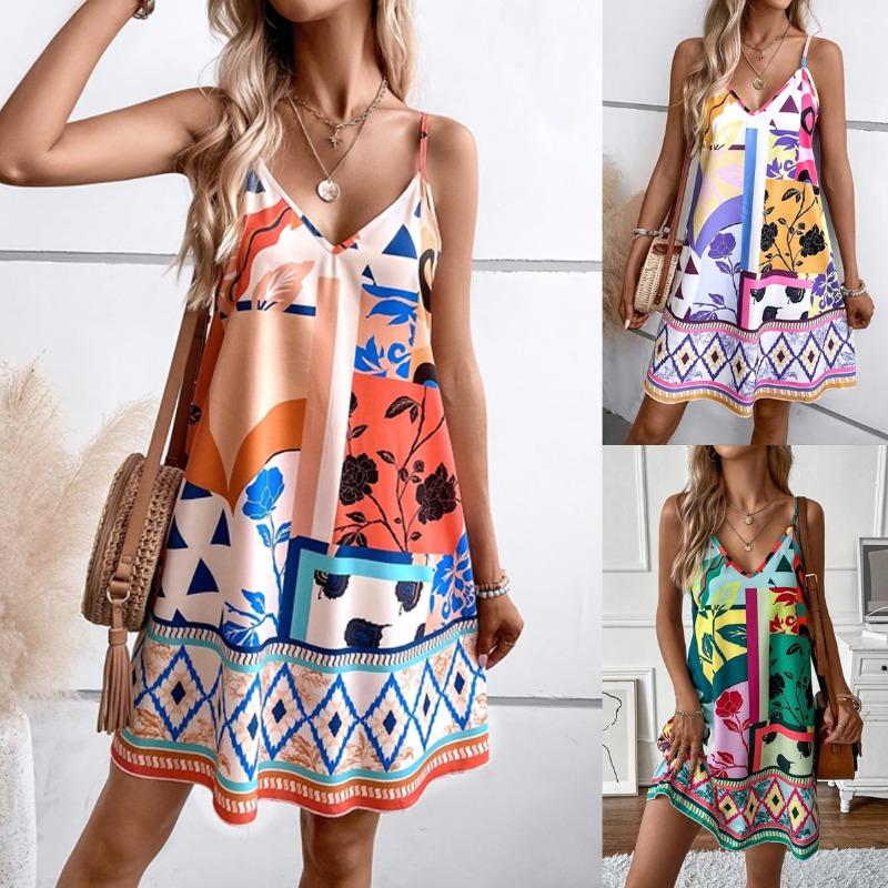 GMXIA Women's Fashion Summer Spring Sleeveless V-Neck Solid Color Print Casual Dresses