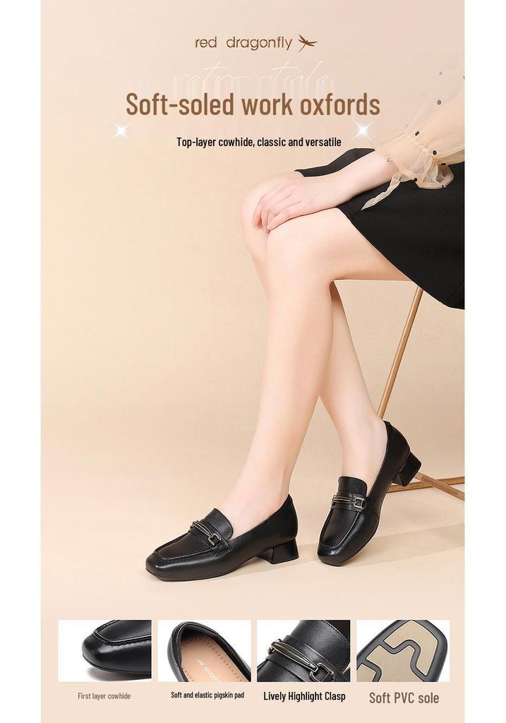 Red Dragonfly Women's Genuine Leather Slip-on Shoes, 2025 Autumn Style, Thick Sole, Square Toe, Chunky Heel.