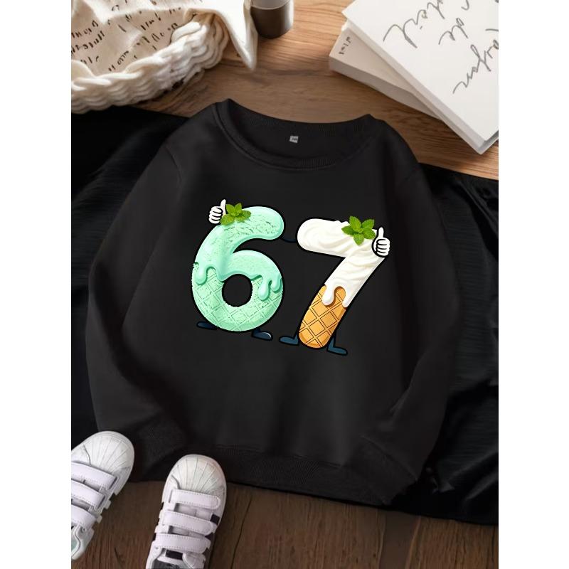 Unisex Kids Crewneck Sweatshirt For Over 4 Years Old Boys Girls Cartoon Mint Cream Waffle Ice Cream Shaped Number 67 Pullover Top For 4-12 Children