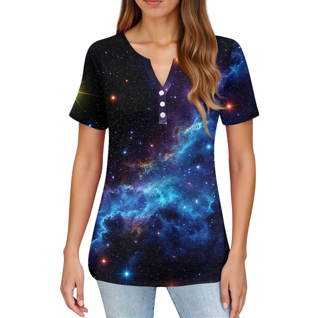 Damska Koszulka z Nadrukiem Guziki Krótki Rękaw Codzienna Weekendowa Moda Podstawowy Dekolt V Regularny Top