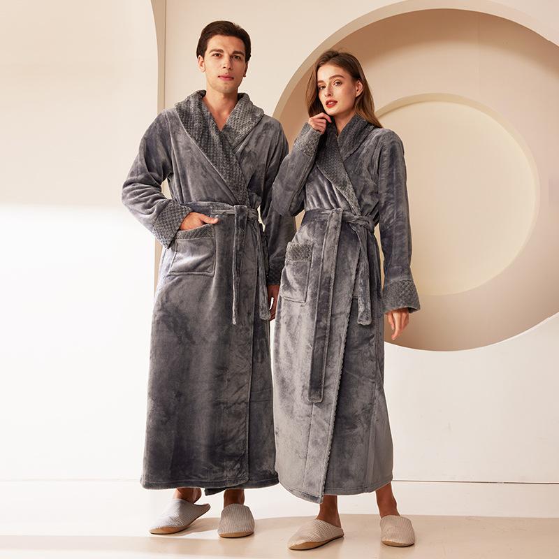Plus Size Men's Autumn Winter Thicken Warm Flannel Robe Couple's Long Lace Up Bathrobe with Pockets