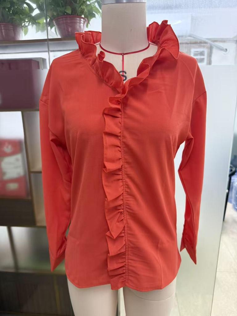 European Spring 2026 Women's Ruffle Trim Long-Sleeve Cotton Shirt