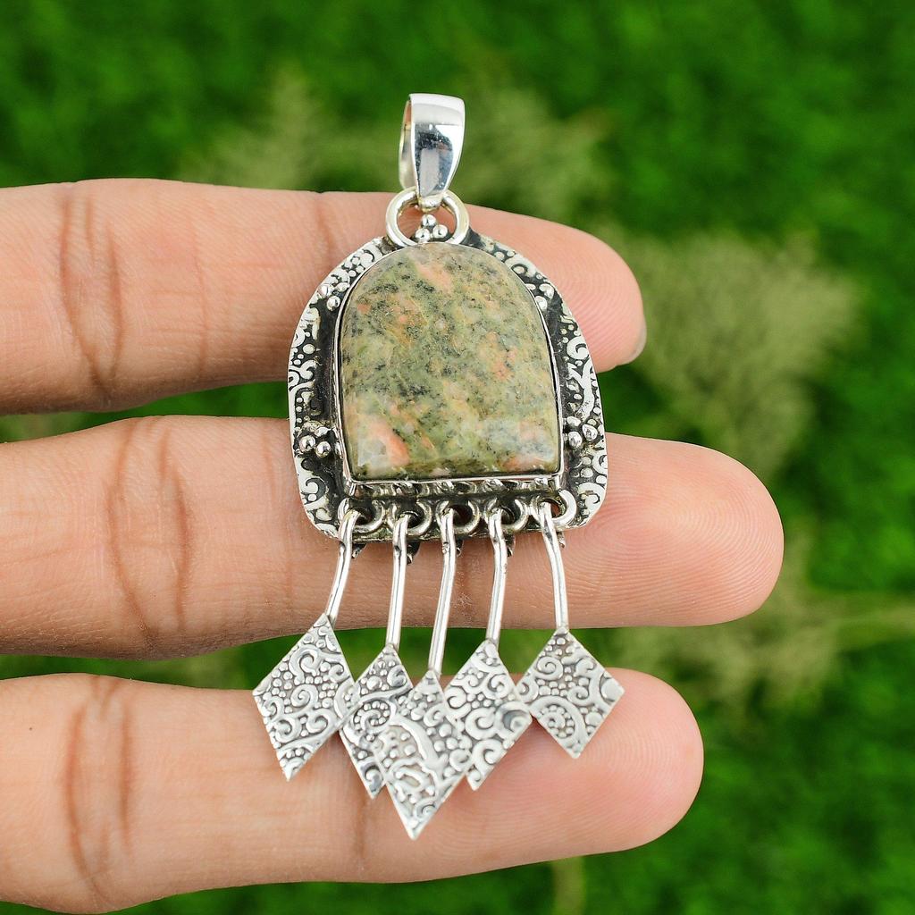 925 Sterling Silver Heart Chakra Unakite Stone Anniversary Boho Pendant Jewelry