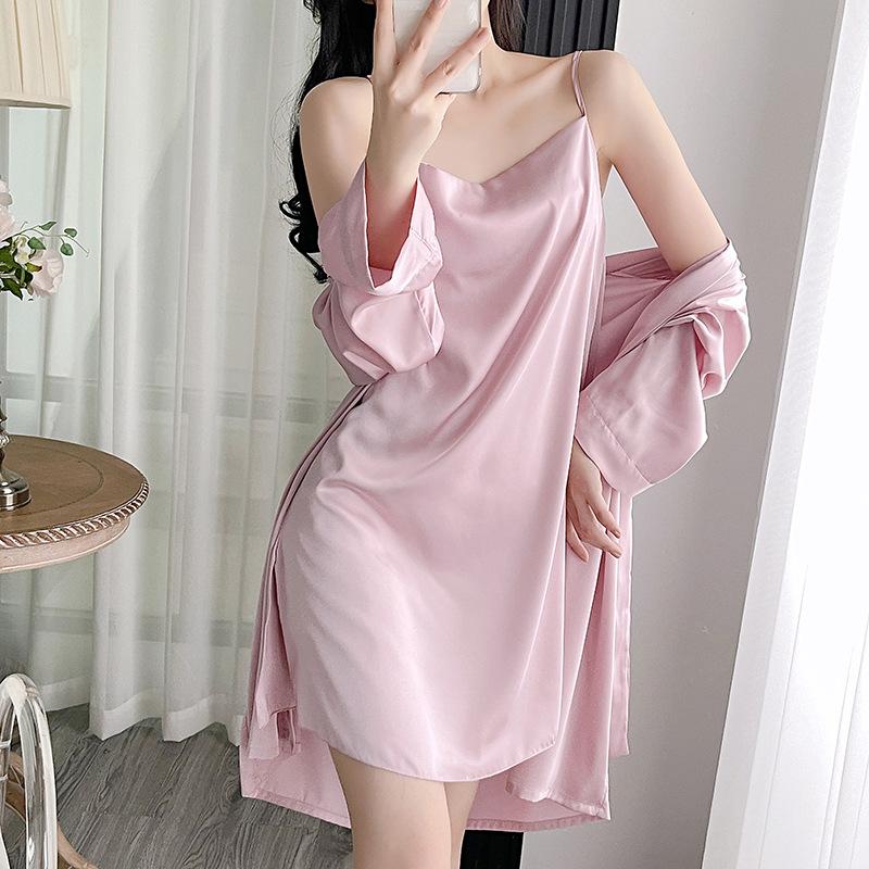 Pajamas Female Spring and Fall Thin Section of Ice Silk Long-sleeved Robe Sexy V-neck Nightgown Set