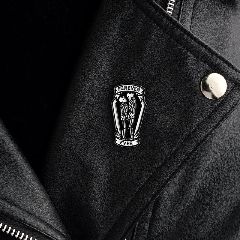 Black Skull Coffin Forever Enamel Pin for Couples - Denim Jacket Accessory