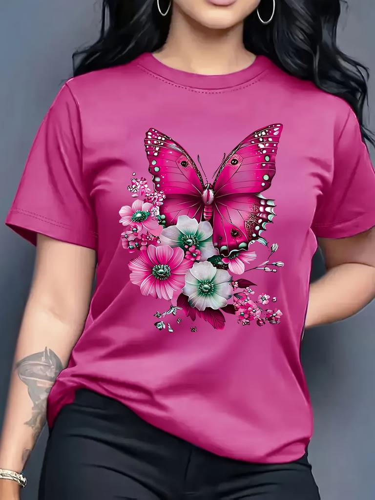 Women's Sparkling Rhinestone Butterfly T-Shirt Blue Green Glitter Print Tee Casual Crew Neck Short Sleeve Top Plus Size T Shirts