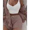 Women's Loose Fit Three Piece Loungewear Long Sleeve Fuzzy Cardigan V Neck Tank Drawstring Waist Shorts Winter Solid Tracksuit