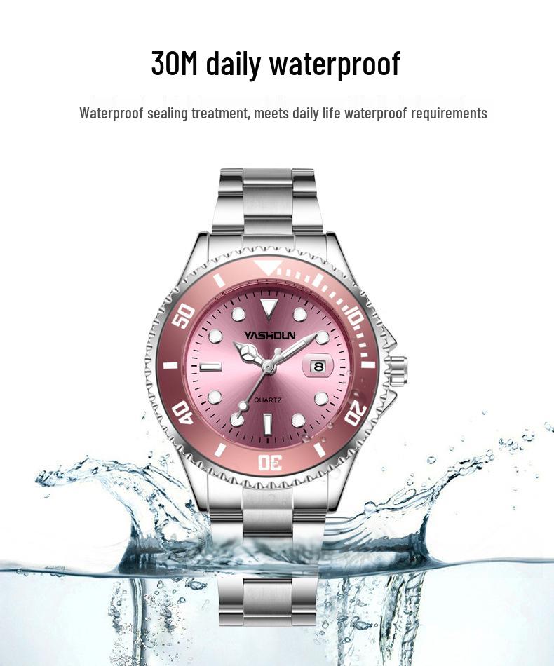Wasserdichte leuchtende Quarz-Paaruhren - Schwarz, Grün, Rosa mit Stahlarmband und Kalender