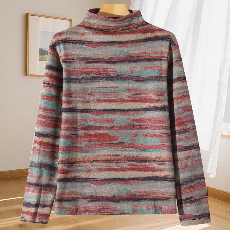 

2025 Ethnic Style Half-High Collar Women s Fine Wool Slim-Fit Printed Base Shirt 4XL