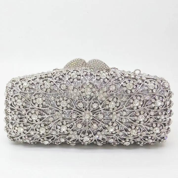 

Boutique De FGG Women Blue Flower Clutch Bags Diamond Evening Minaudiere Bag Bridal Wedding Dinner Crystal Purses and Handbags Mini Size