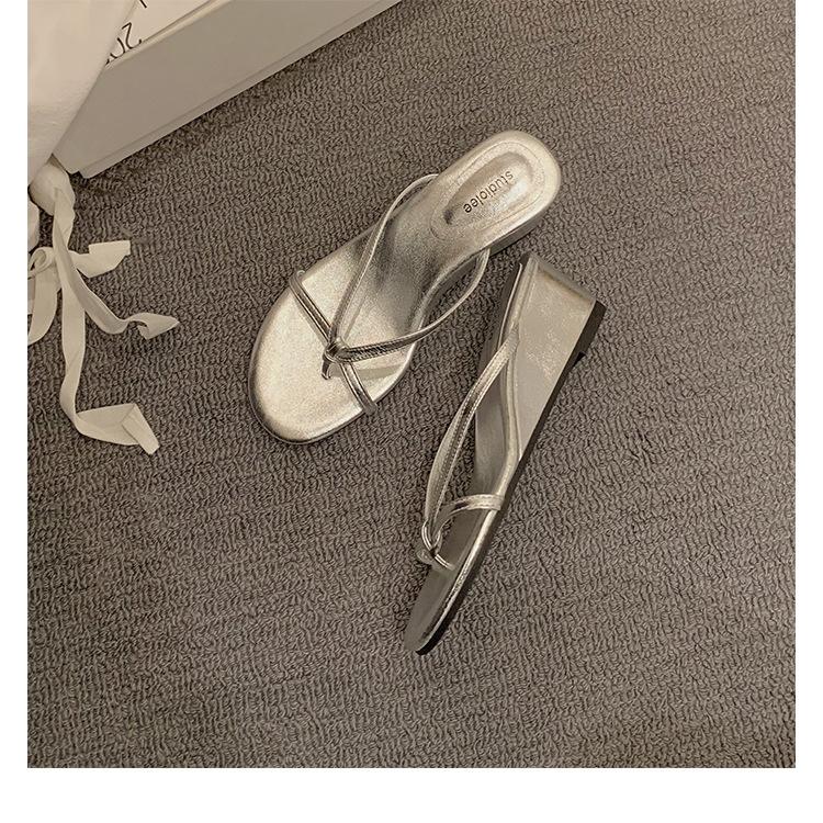 Sheepskin heel height 6cm slippers women's summer toe fairy wind outer wear thin band wedge herringbone cool slippers