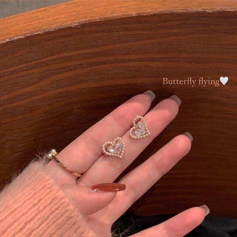 Pearl love stud earrings women s earrings annual trend niche design sense light luxury versatile earclip earrings zircon elements