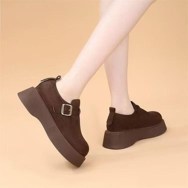 Scarpa singola da donna 2026 nuovo versatile stile francese suola spessa temperamento marrone e velluto Scarpe Boken Scarpe Le Fu