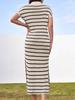 Women's Striped Knit Maxi Dress V Neck Collar Short Sleeve High Slit Beach Dress Plus Size