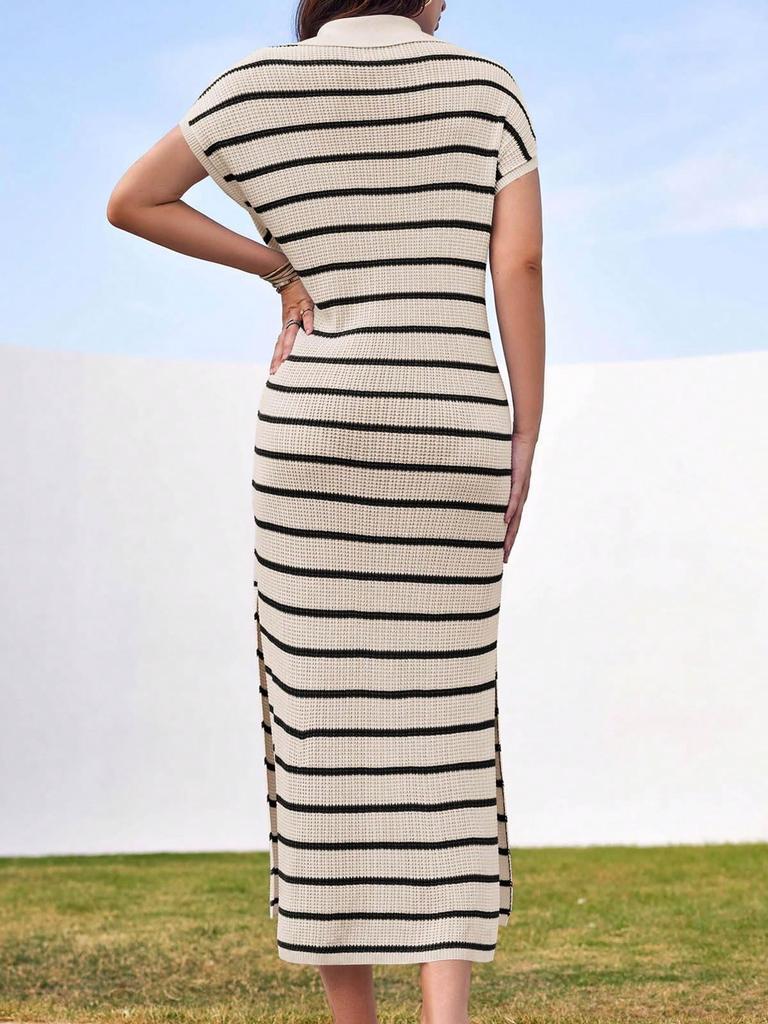 Women's Striped Knit Maxi Dress V Neck Collar Short Sleeve High Slit Beach Dress Plus Size