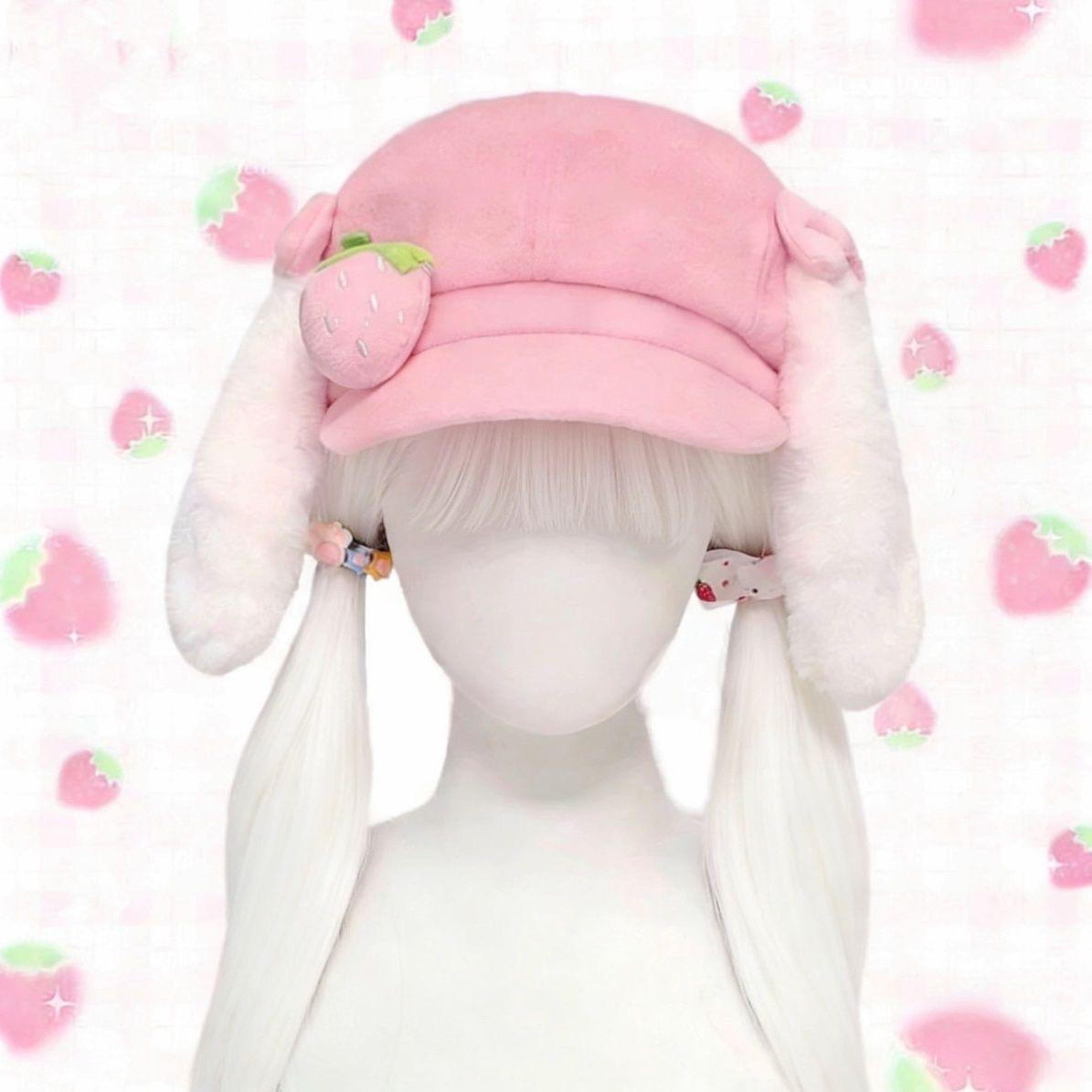 Оригинальная мягкая милая японская восьмиугольная шапка с ушками кролика клубнично-розовая старомодная кепка газетчика милая субкультура милый дом M（56-58cm）